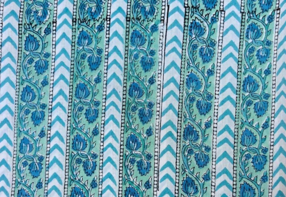 Turquoise Striped Cotton Fabric, Floral Border Print Fabric, Chevron Stripe Cotton, Blue Green Boho Fabric, Quilting Sewing Dress Napkins
