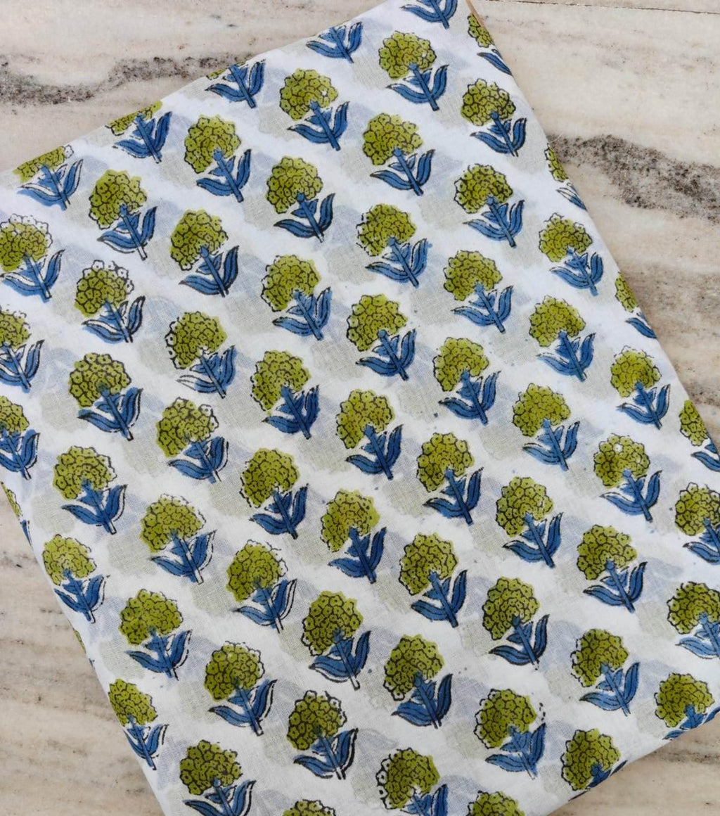 Hand Block Print Cotton Fabric, Green Floral Buti with Blue Leaves on White, Lightweight Indian Cotton for Dresses, Quilting Sewing Projects