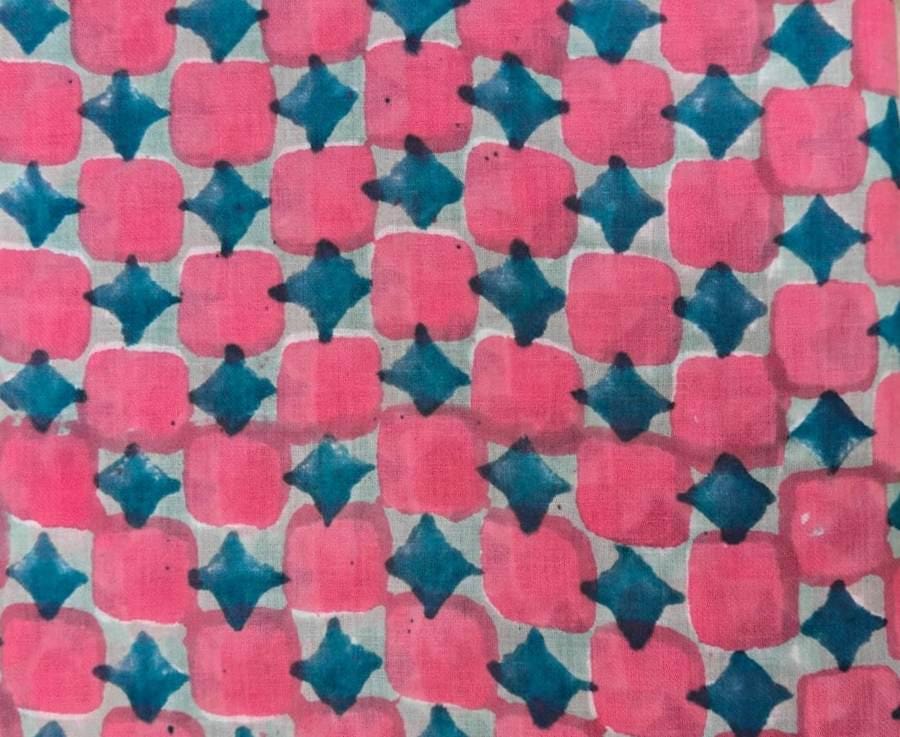 Pink Blue Geometric Cotton Fabric, Hand Block Print Fabric, Indian Cotton Textile, Soft Lightweight Fabric, Dressmaking Fabric By The Yard