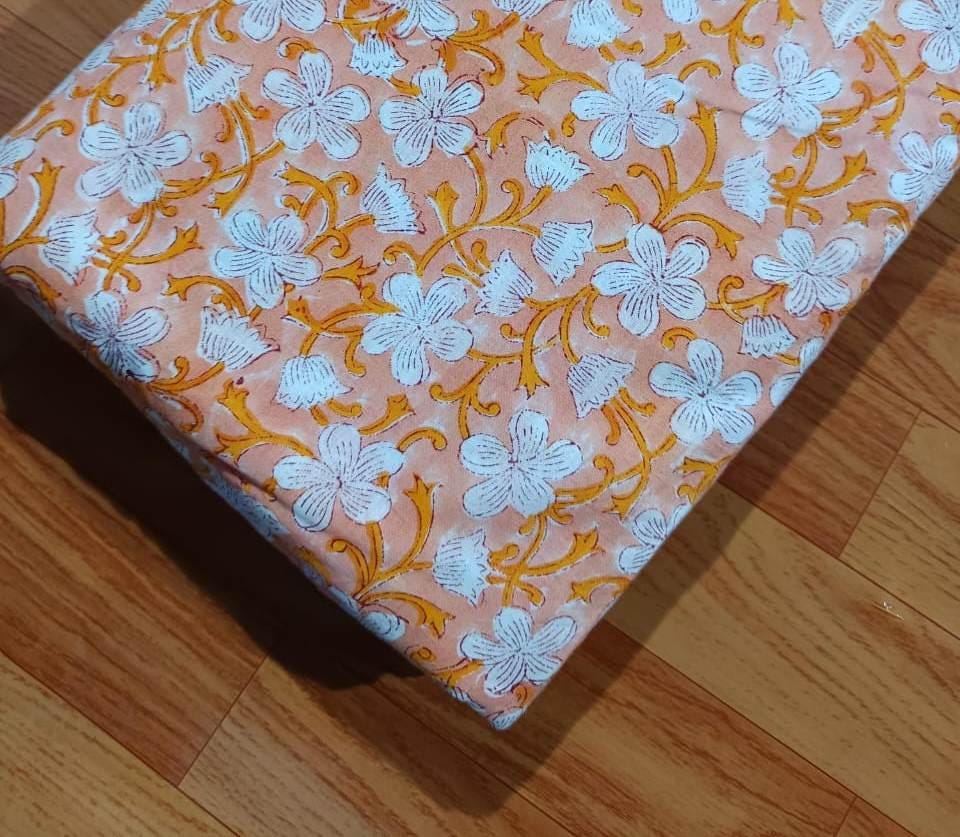 Indian Hand Block Print Fabric, Floral 100% Cotton Quilting Fabric By The Yard, Fabric For Dress Making, Loose Running Fabric, Napkin Fabric