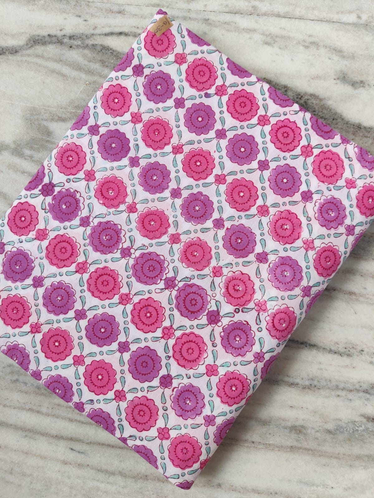 Pink Floral Cotton Fabric, Red Orange Hand Block Print by the Yard, Indian Soft Cotton for Quilting, Dressmaking, Sewing & Crafts, Gifts