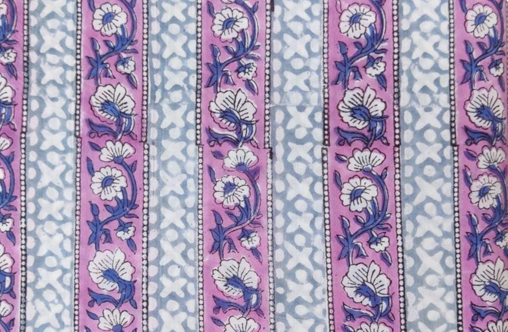 Lavender Blue Indian Hand Block Print Fabric, 100% Cotton Quilting Fabric By The Yard, Dressmaking Fabric, Loose Running Fabric, Napkin