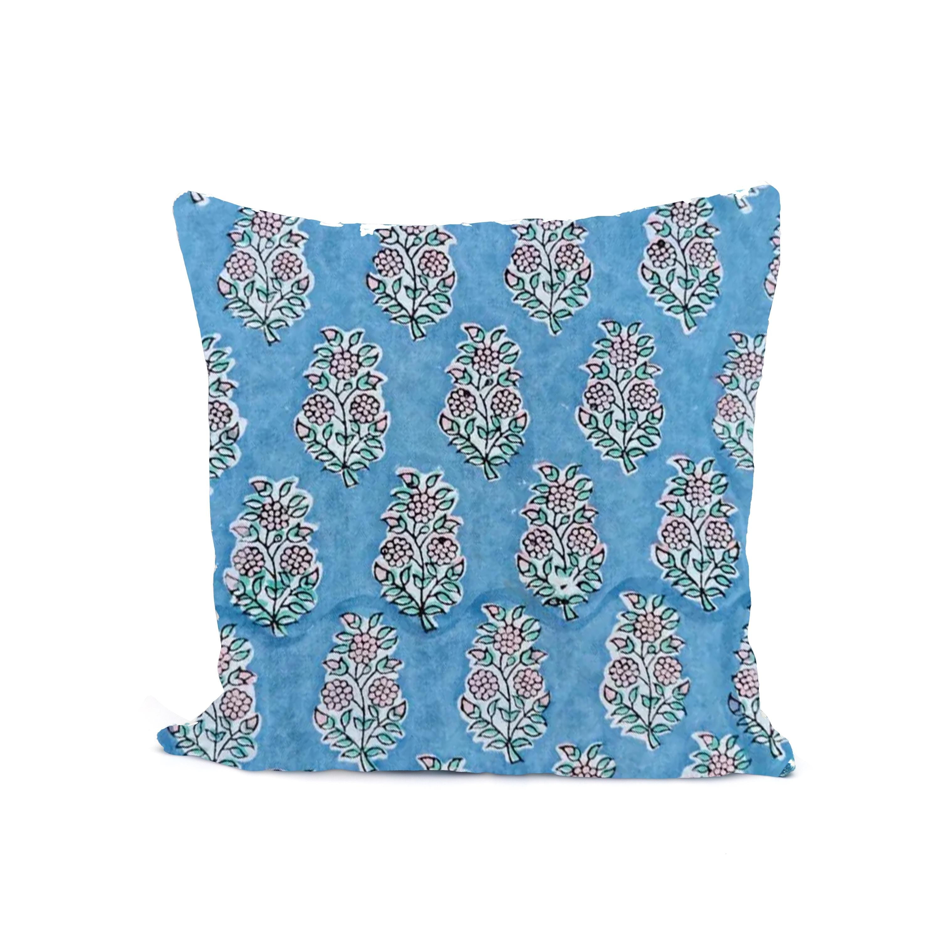 Hand Block Printed Cotton Cushion Cover, Blue Floral Pillow Cover, Decorative Throw Pillow, 16x16 Cushion Cover, Boho Home Decor Pillowcases