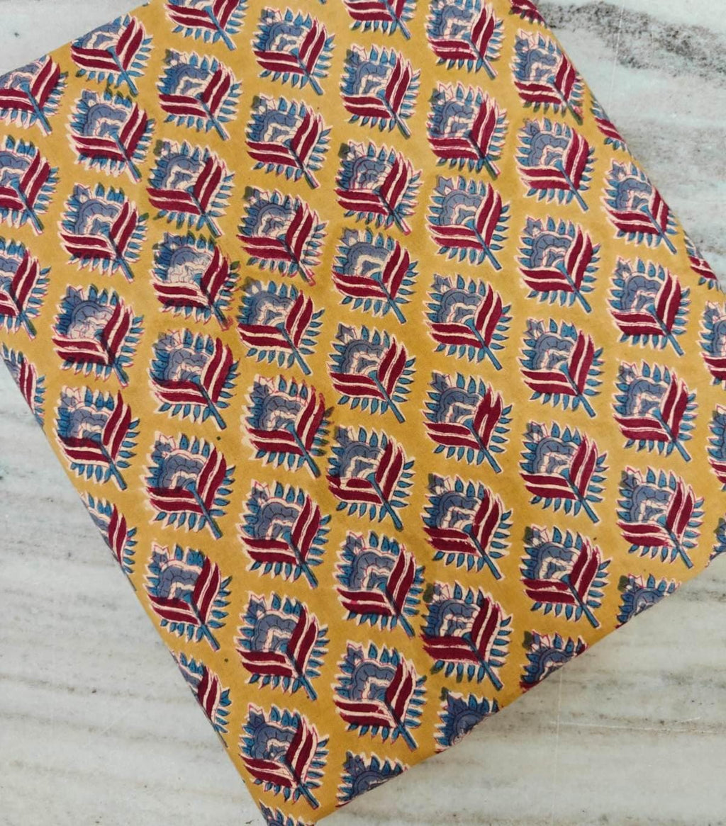 Mustard Yellow Floral Cotton Fabric by Yard – Hand Block Print Leaf Pattern – Indian Printed Fabric for Dressmaking, Quilting & Craft Sewing