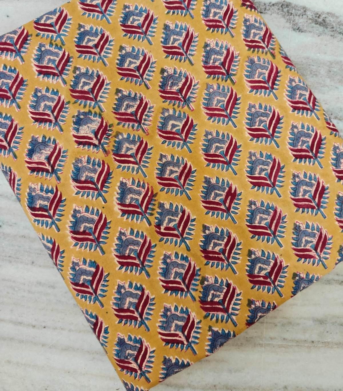 Mustard Yellow Floral Cotton Fabric by Yard – Hand Block Print Leaf Pattern – Indian Printed Fabric for Dressmaking, Quilting & Craft Sewing