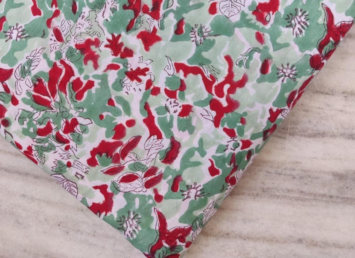 Hand Block Print Cotton Fabric: Red Green Floral Indian Sewing Material
