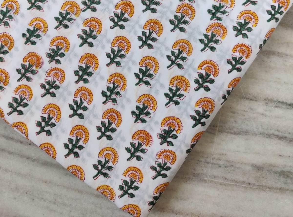 Yellow Floral Cotton Fabric by the Yard, White Block Print Fabric, Quilting, Sewing, Dressmaking, Craft Material, Loose Running Fabric