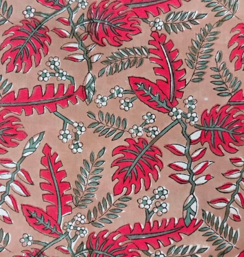 Blush Pink Tropical Leaf Cotton Fabric, Coral Red Botanical Print, Jungle Foliage Fabric by the Yard, Quilting Cotton, Nature Sewing Fabric