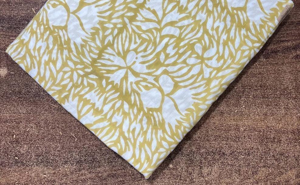 Mustard Yellow Floral Cotton Fabric, White Hand Block Print Cotton Fabric, Soft Cotton Fabric by Yard, Sewing Quilting Dressmaking Fabric