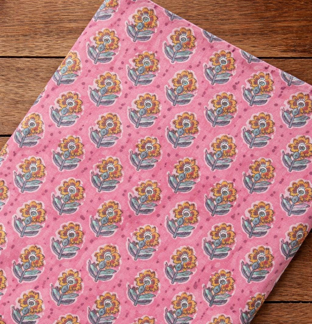 Pink Floral Cotton Fabric by the Yard, Block Print Style Cotton Cloth, Soft Lightweight Cotton Fabric for Sewing, Quilting, Dressmaking