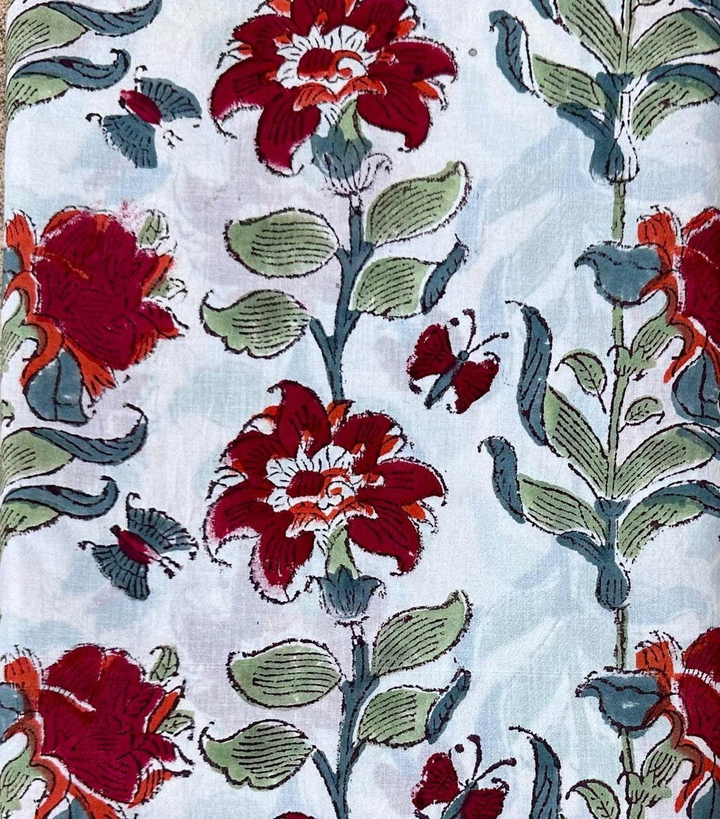 Light Blue Red Floral Hand Block Print Cotton Fabric, Indian Cotton Fabric by Yard, Vintage Flower Print Dressmaking & Quilting Fabric