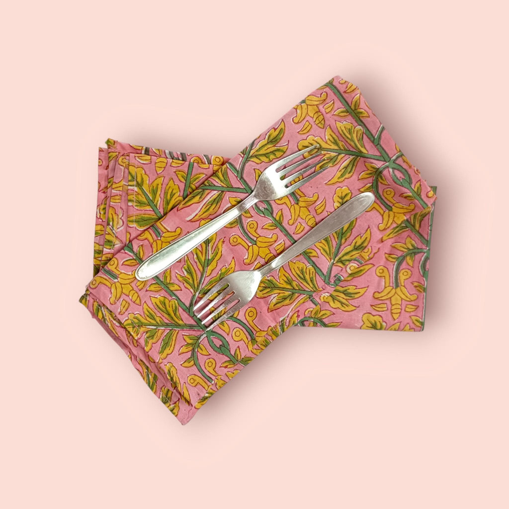 Pink Cotton Napkins with Yellow Green Floral Print | Hand Block Print Cloth Napkins | Reusable Dinner Napkins for Table Decor Dining