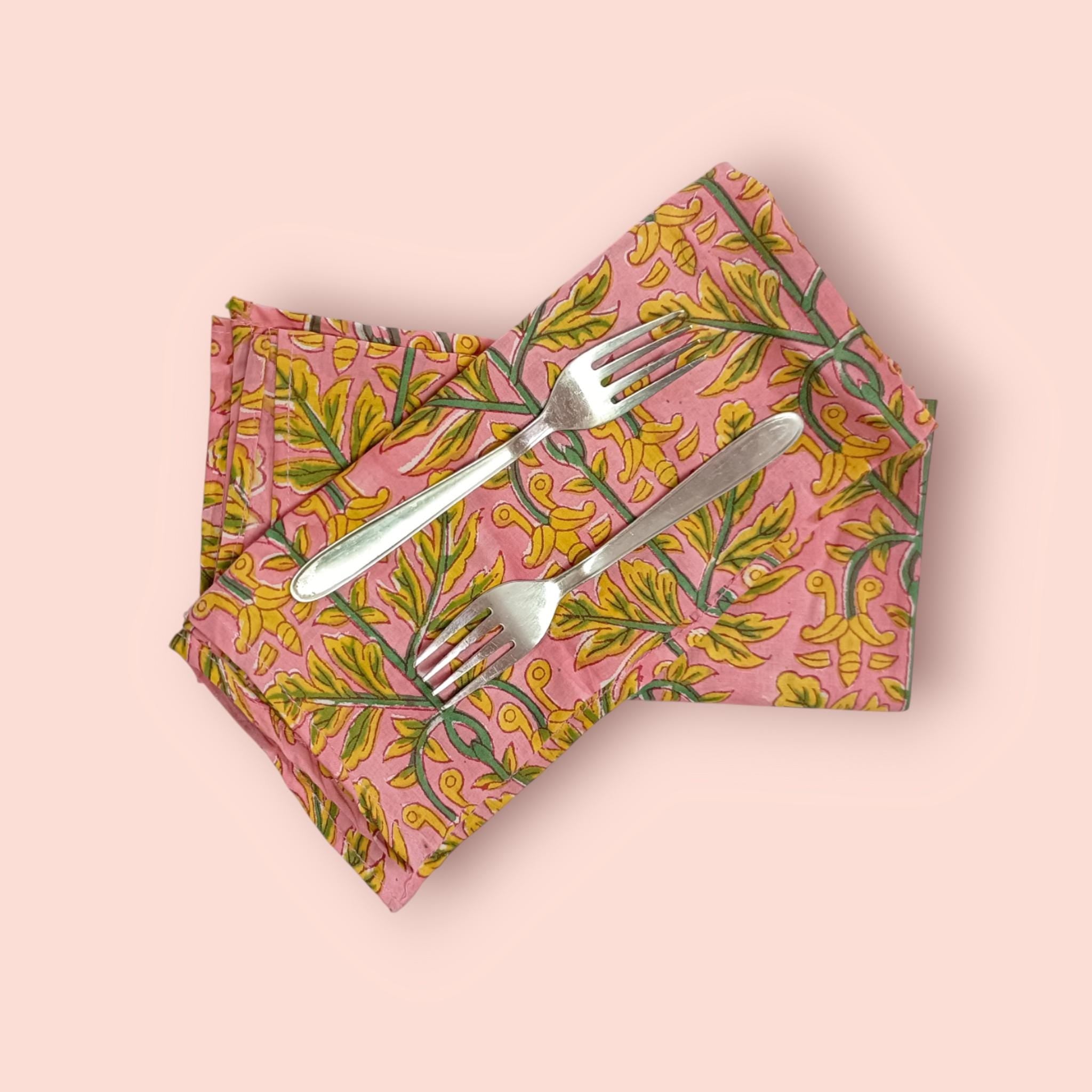 Pink Cotton Napkins with Yellow Green Floral Print | Hand Block Print Cloth Napkins | Reusable Dinner Napkins for Table Decor Dining