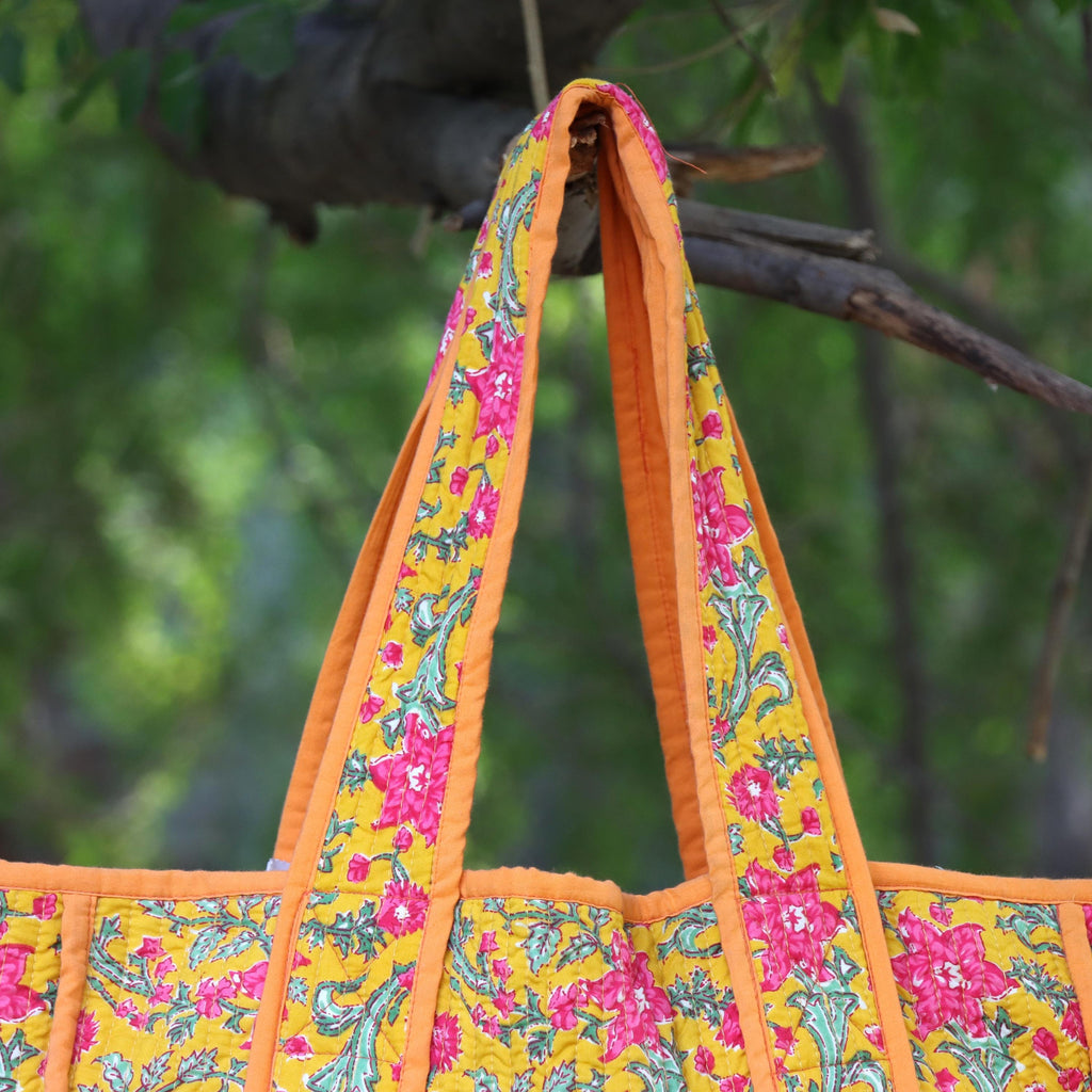 Hand Block Print Shoulder Bag, Orange Multi Color Bags, Handmade Quilted Tote Bag, Cotton Quilted Tote Bag, Indian Bags, Shopping Bags