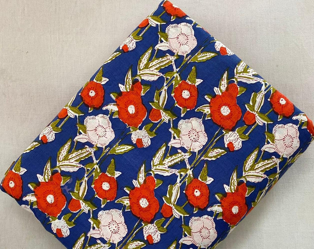 Navy Blue Floral Cotton Fabric by Yard, Red White Flower Print Fabric, Indian Block Print Cotton, Quilting Sewing Dressmaking Craft Material