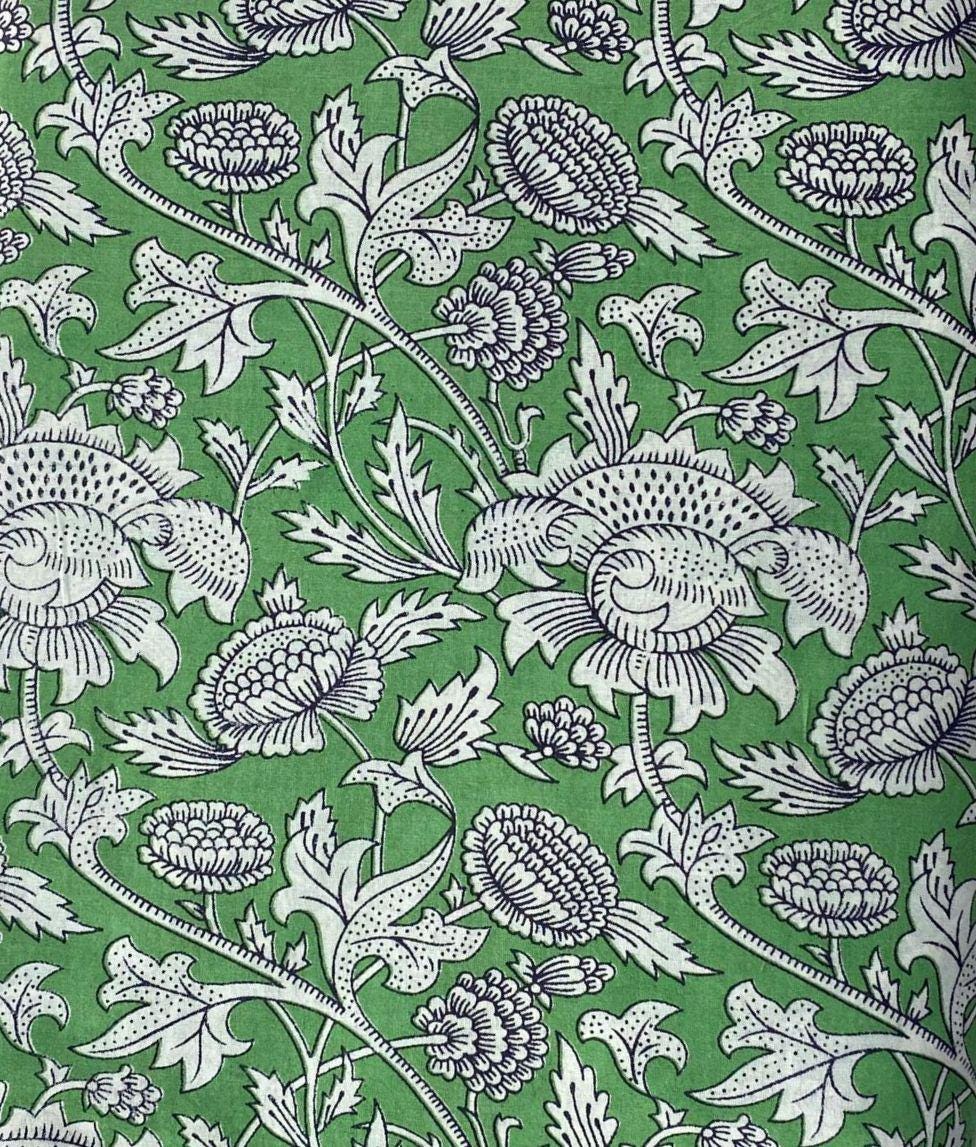 Green Floral Cotton Fabric | Hand Block Print White Flower Pattern | Indian Soft Cotton by the Yard | Sewing, Quilting, Dressmaking Material