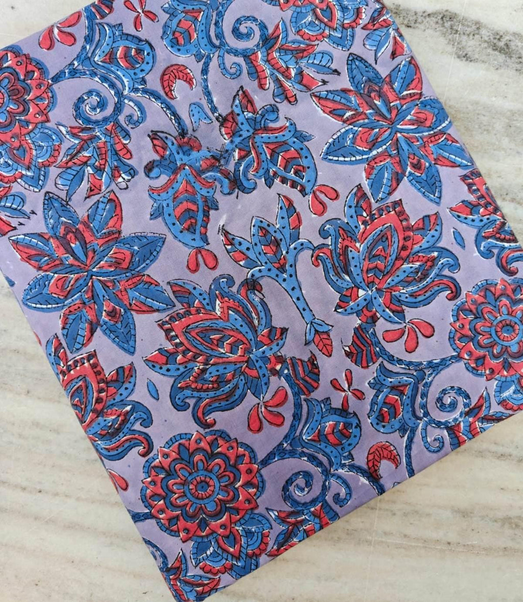 Lavender Blue Floral Cotton Fabric, Indian Block Print Style, Boho Flower Fabric, Soft Breathable Fabric for Sewing, Quilting, Dressmaking