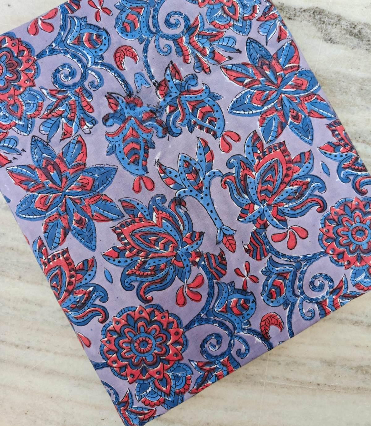 Lavender Blue Floral Cotton Fabric, Indian Block Print Style, Boho Flower Fabric, Soft Breathable Fabric for Sewing, Quilting, Dressmaking