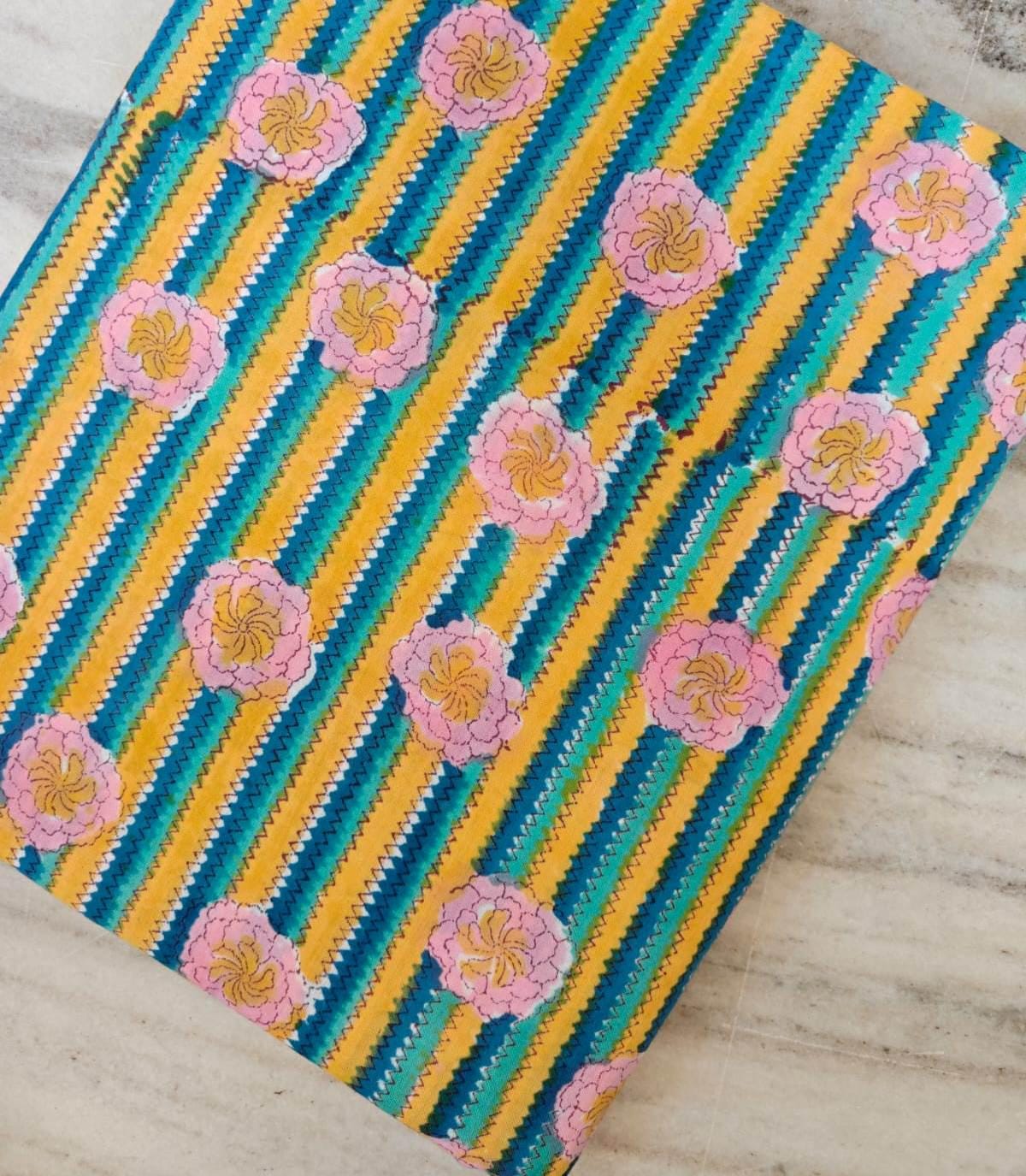 Floral Striped Cotton Fabric, Pink Flower Block Print Fabric, Teal Yellow Cotton Fabric by Yard, Indian Hand Block Fabric, Quilting Fabric