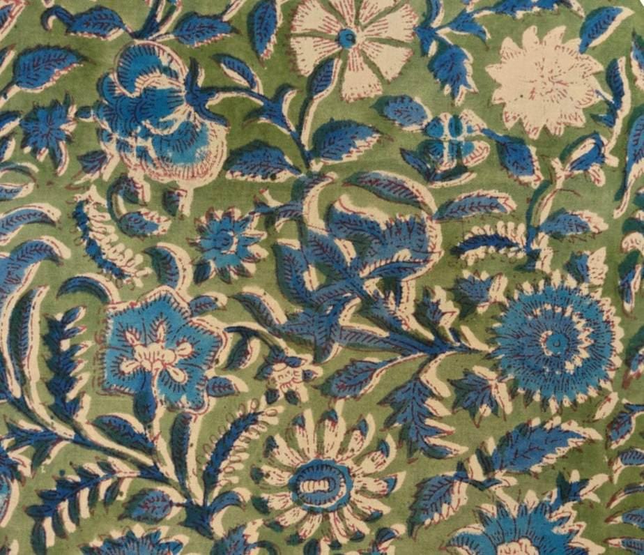 Hand Block Print Cotton Fabric by the Yard | Green Blue Soft Indian Floral Cotton Material | Sewing Quilting Dressmaking Craft Fabric