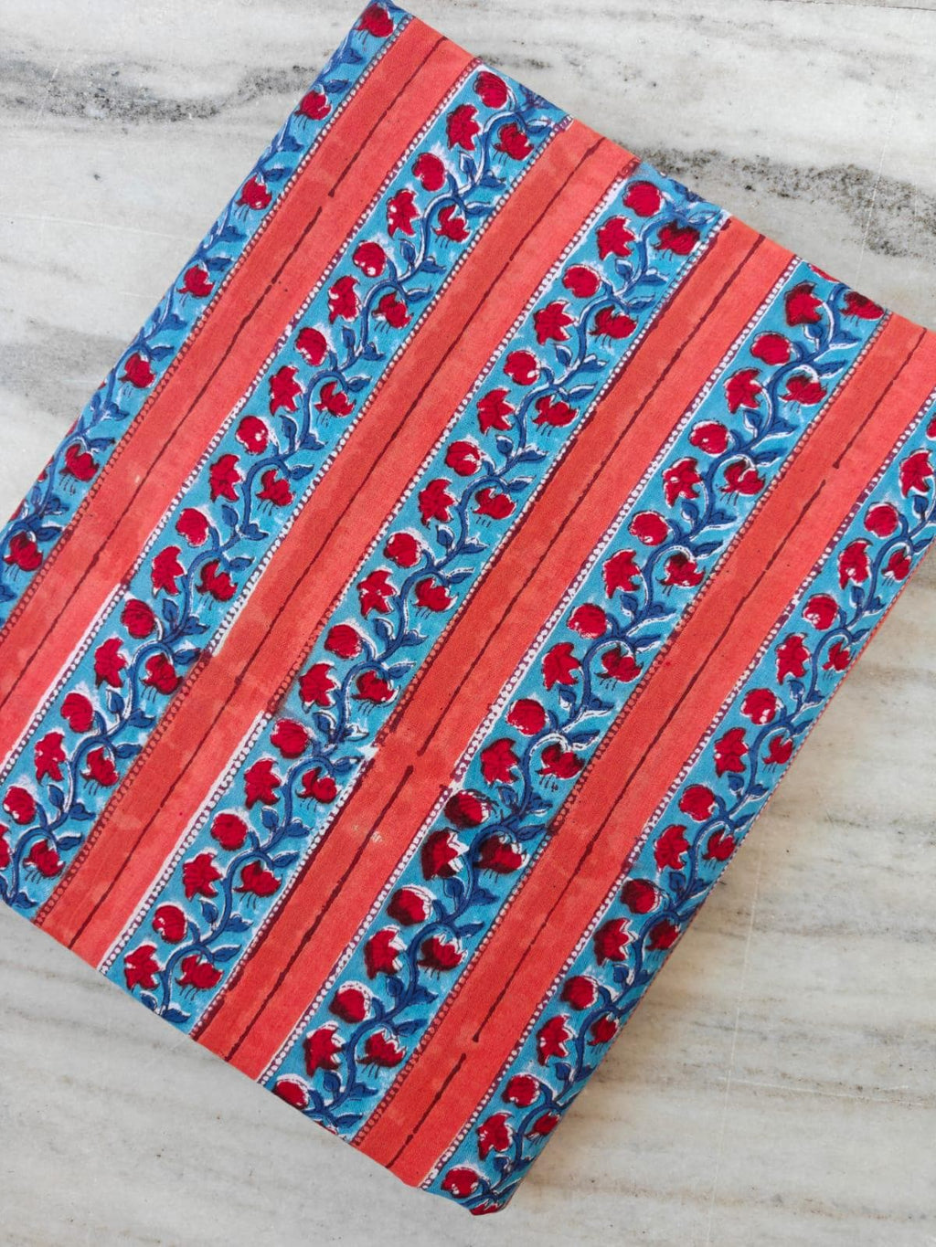 Orange Blue Floral Stripe Fabric, Indian Hand Block Print Fabric, Floral 100% Cotton Quilting Fabric By The Yard, Fabric For Dress Making
