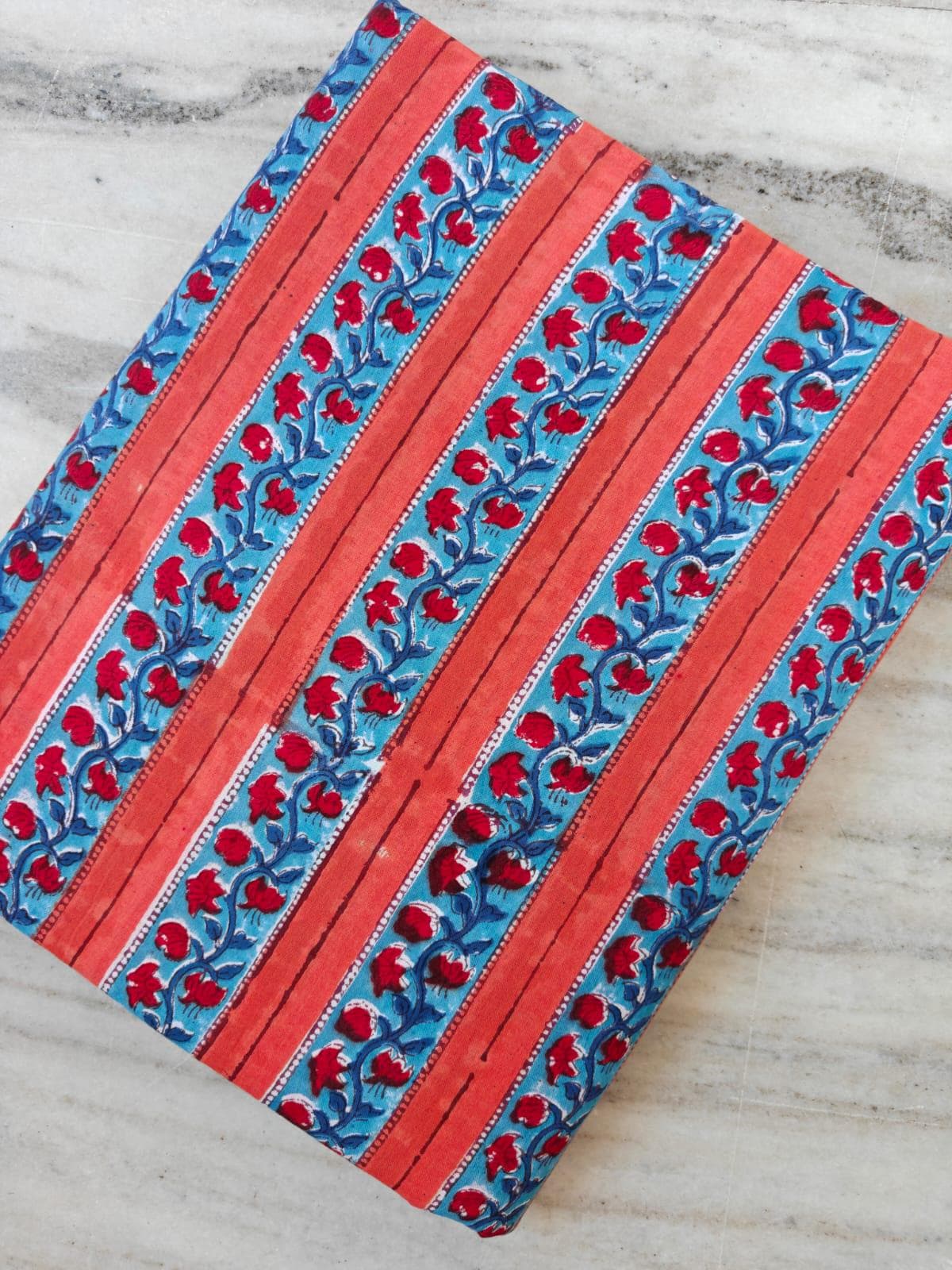 Orange Blue Floral Stripe Fabric, Indian Hand Block Print Fabric, Floral 100% Cotton Quilting Fabric By The Yard, Fabric For Dress Making