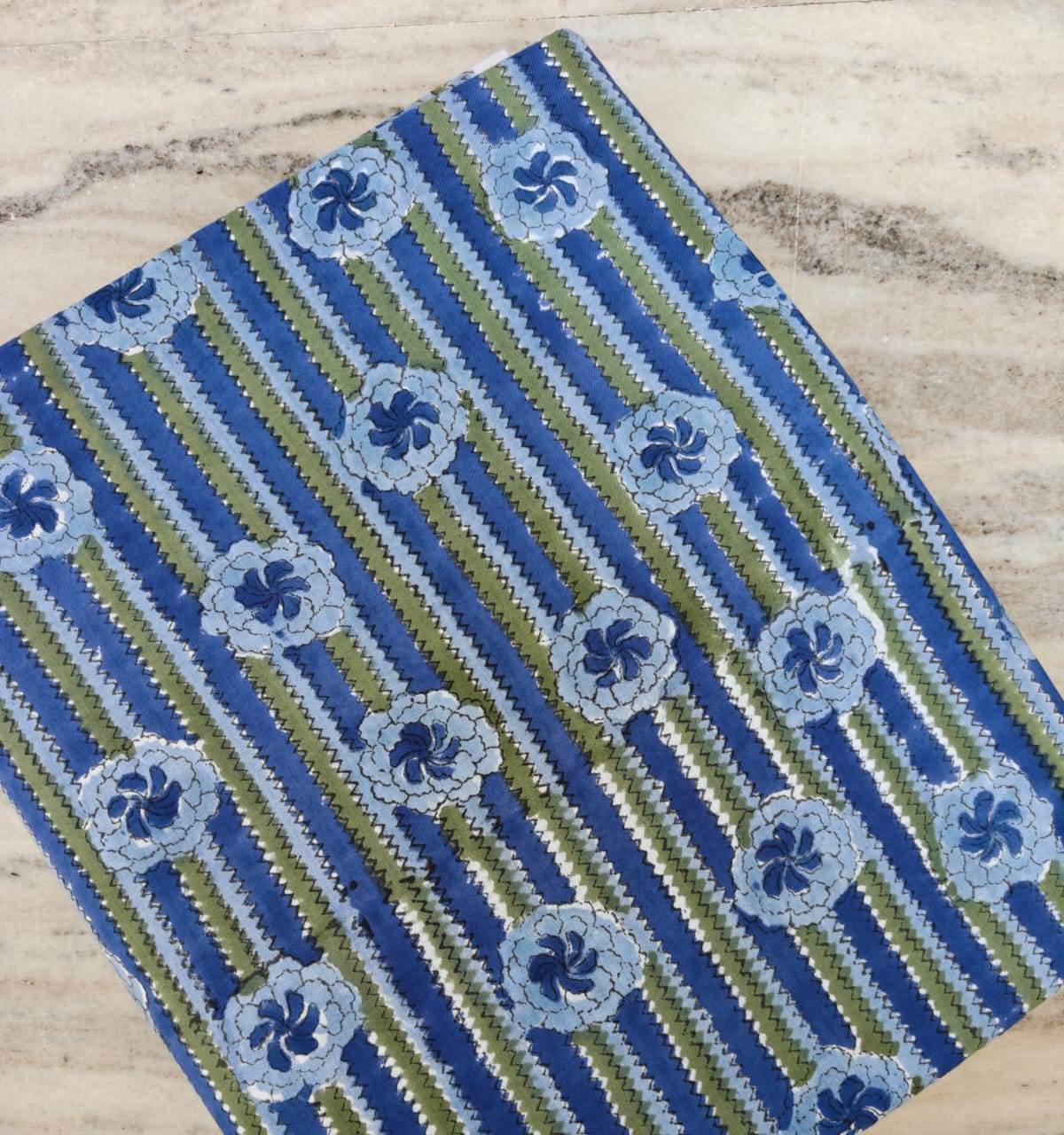 Soft Cotton Blue & Green Floral Striped Cotton Fabric, Indian Hand Block Print Fabric, Floral 100% Cotton Fabric By The Yard, Running Fabric