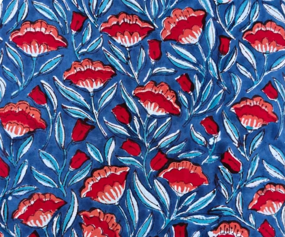 Soft Cotton, Indian Hand Block Print Fabric, Blue and Red Flower Floral 100% Cotton Fabric By The Yard, Fabric for Loose Running Fabric
