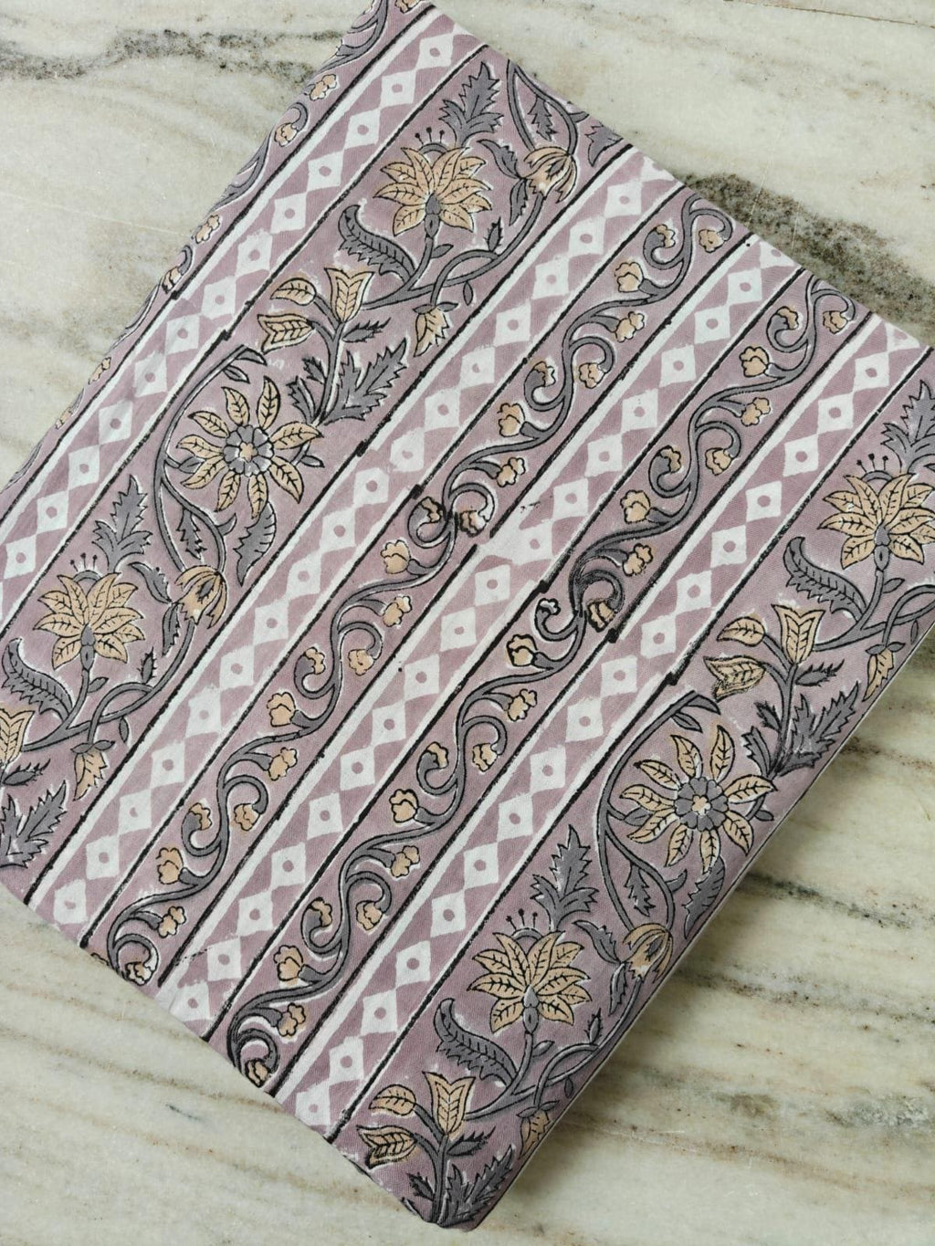 Striped Floral Cotton Fabric, Purple Hand Block Print Fabric by the Yard, Indian Soft Cotton with Beige Flowers for Quilting, Dressmaking