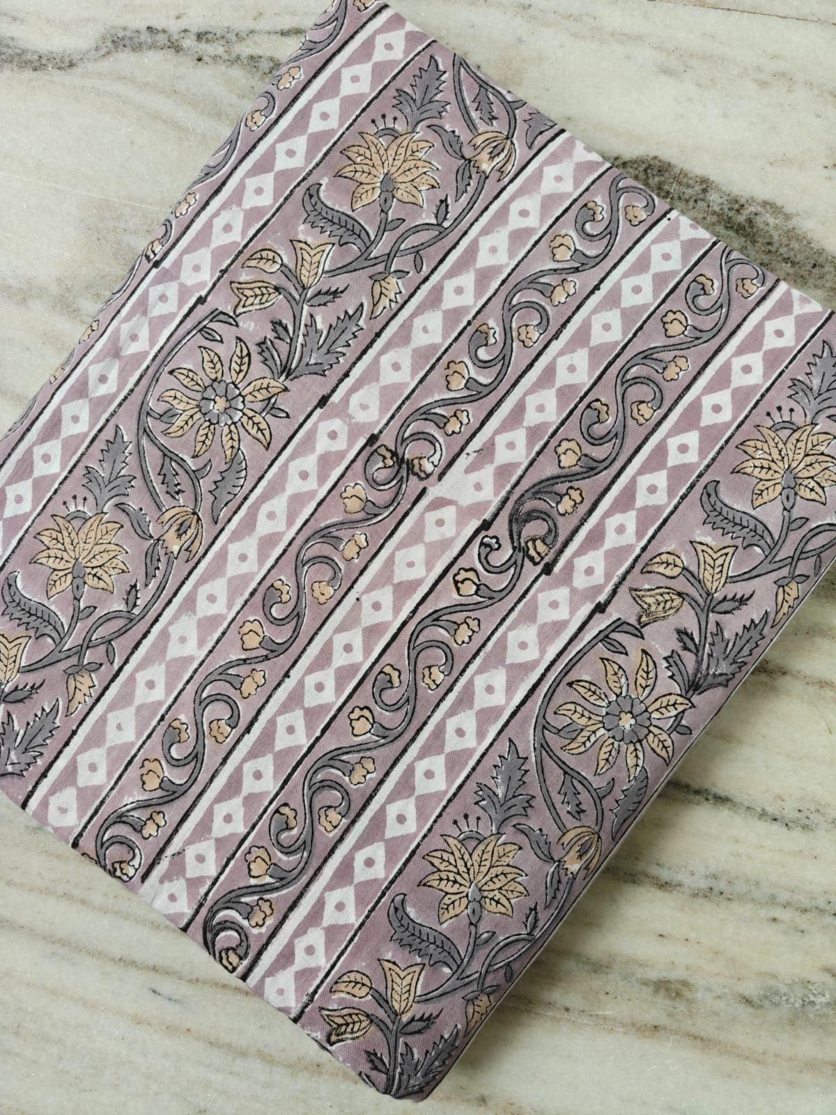 Striped Floral Cotton Fabric, Purple Hand Block Print Fabric by the Yard, Indian Soft Cotton with Beige Flowers for Quilting, Dressmaking
