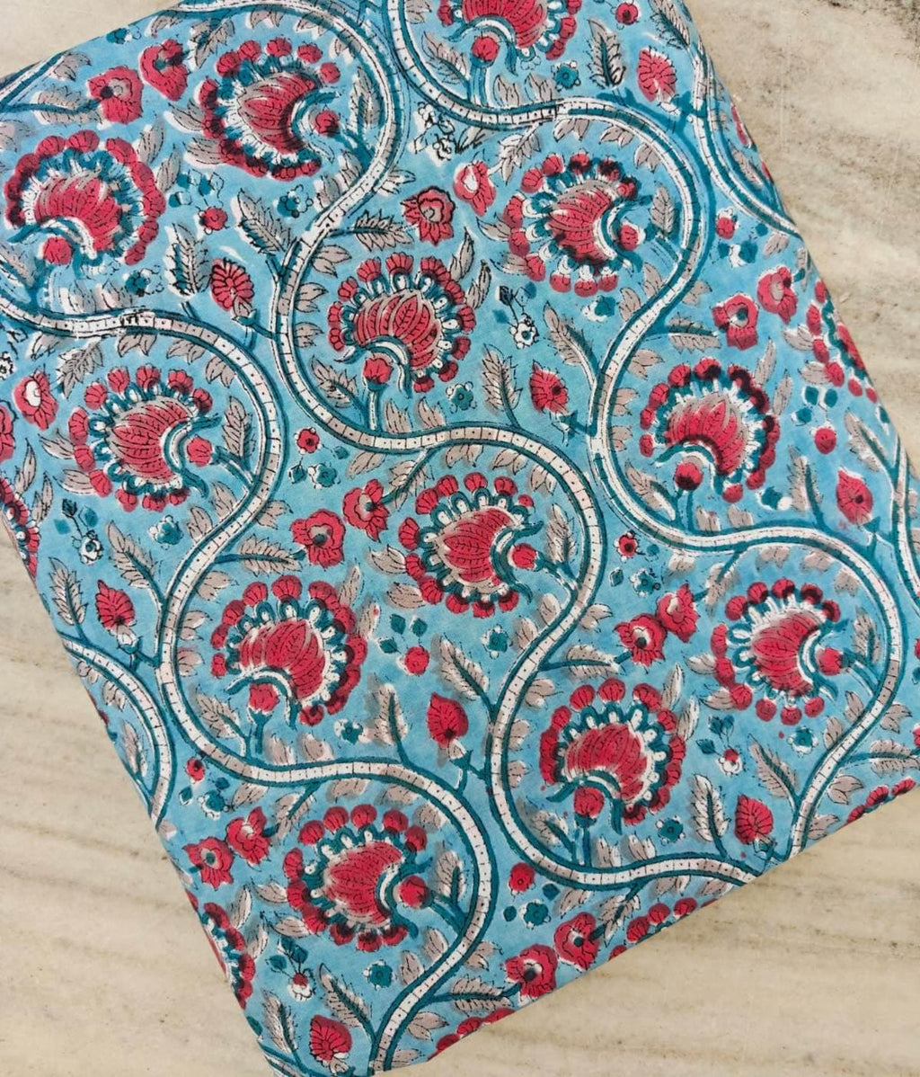 Turquoise Floral Cotton Fabric, Indian Block Print Fabric, Pink Flower Print Cotton, Hand Block Floral Fabric, Sewing Dress Making Fabric