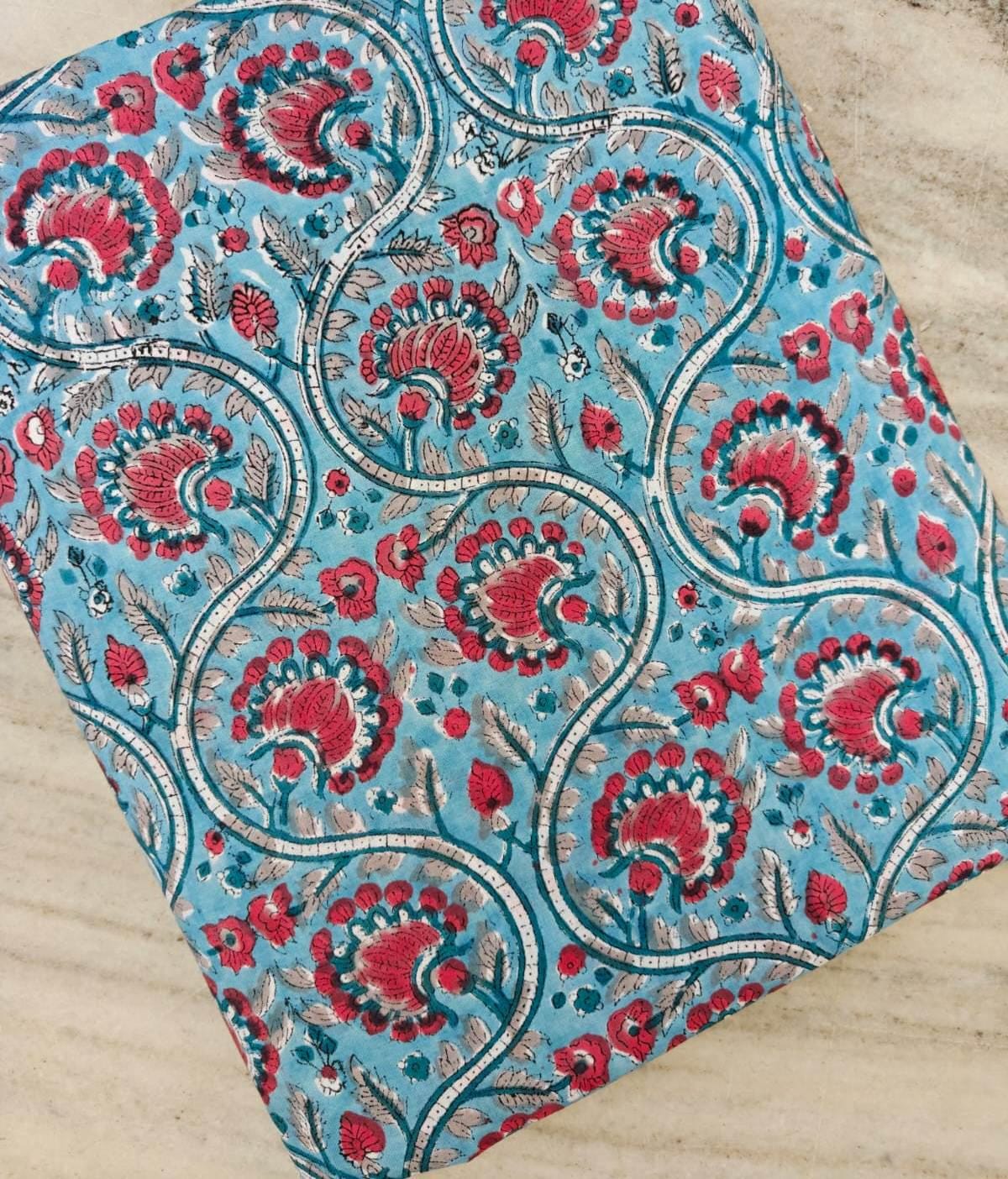 Turquoise Floral Cotton Fabric, Indian Block Print Fabric, Pink Flower Print Cotton, Hand Block Floral Fabric, Sewing Dress Making Fabric