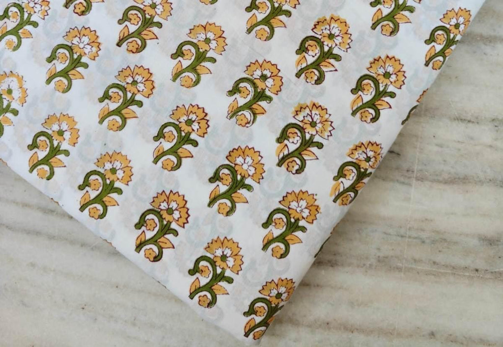 Hand Block Printed Cotton Fabric, Floral Buti Print Fabric by the Yard, Soft White Fabric for Dressmaking, Quilting & Home Decor Fabric