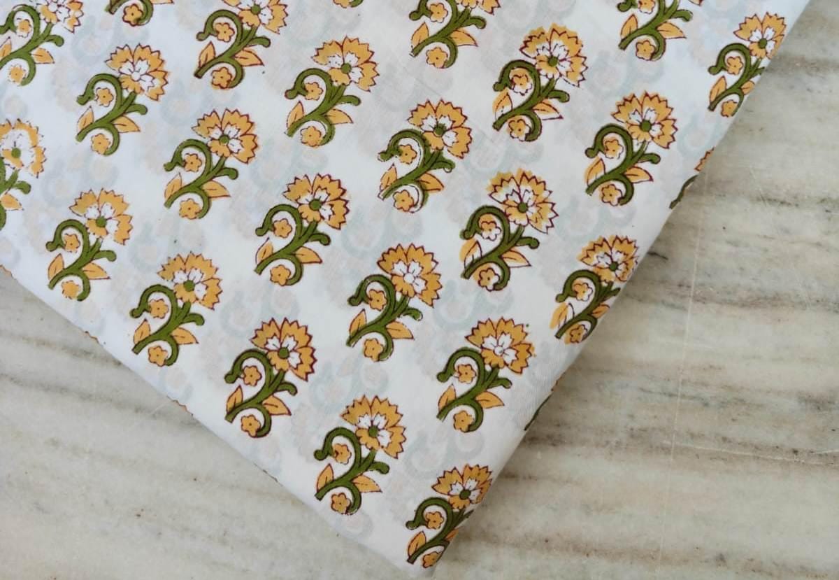Hand Block Printed Cotton Fabric, Floral Buti Print Fabric by the Yard, Soft White Fabric for Dressmaking, Quilting & Home Decor Fabric
