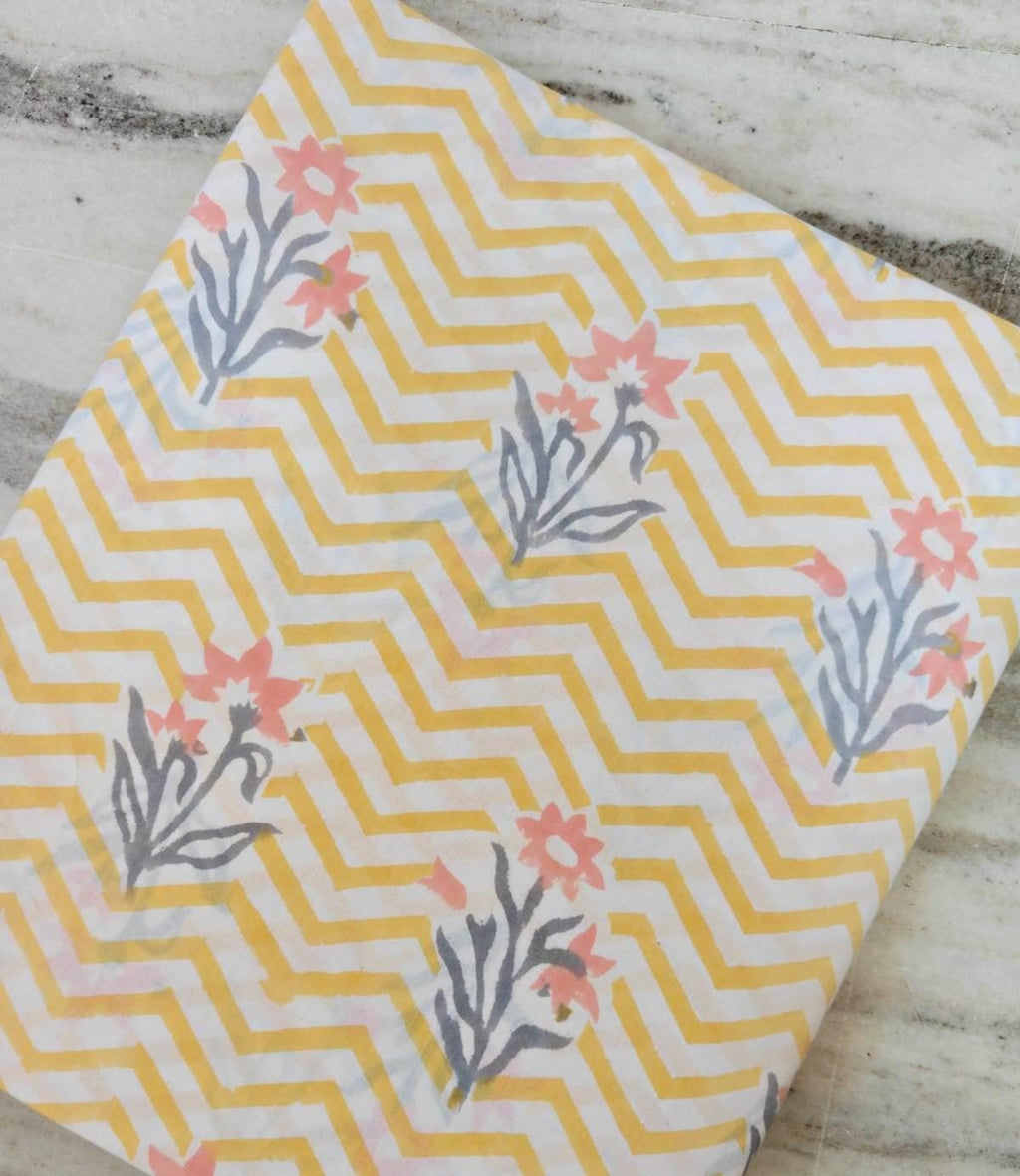 Yellow Chevron Floral Cotton Fabric | Indian Block Print Cotton Fabric | Mustard Zig Zag Fabric | Craft Fabric | Dressmaking Cotton Fabric