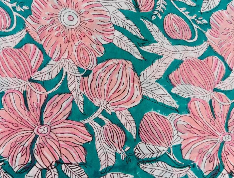Teal Pink Floral Cotton Fabric, Hand Block Printed Fabric by the Yard, Soft Indian Cotton Sewing, Dressmaking, Summer Floral Print Fabric