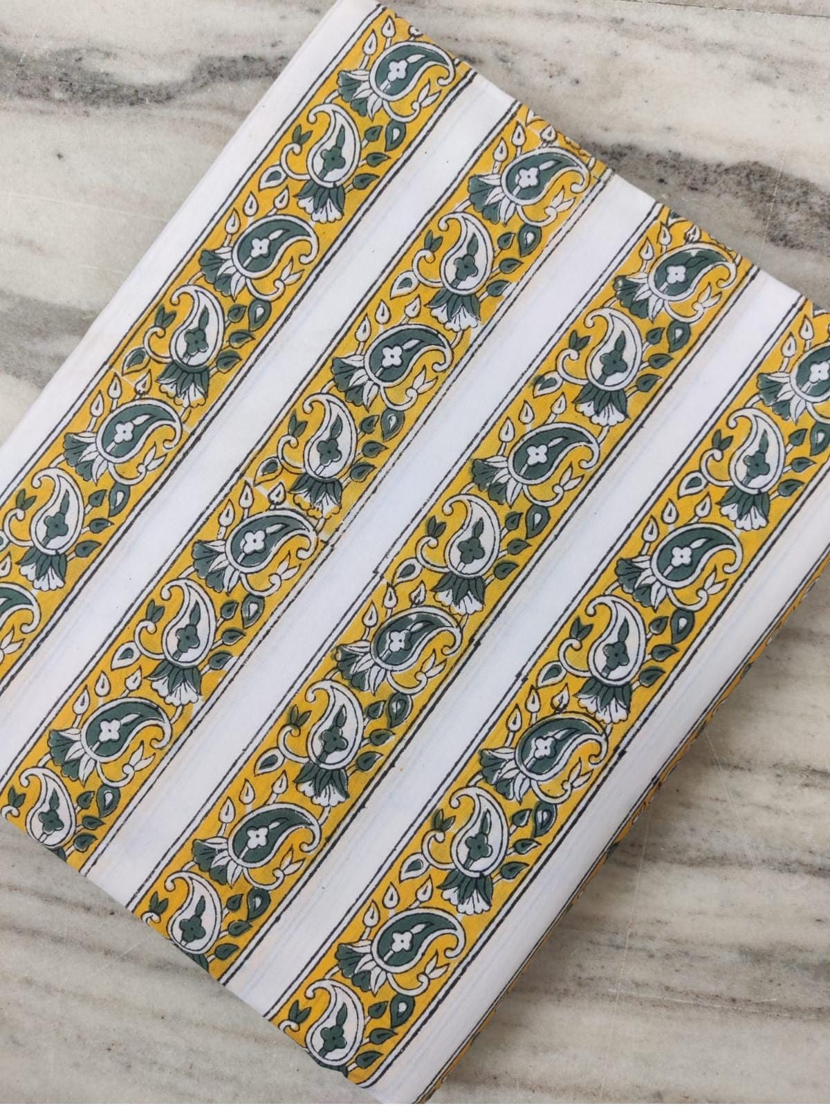 White Cotton Fabric with Yellow Green Paisley Stripes, Indian Hand Block Print Fabric by the Yard, Soft Cotton Fabric, Dressmaking & Crafts