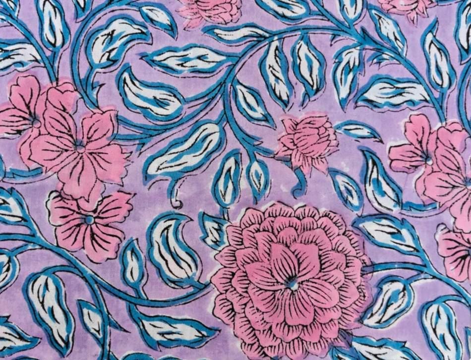 Pink Purple Designer Hand Block Print Fabric, Floral 100% Cotton Quilting Fabric By The Yard, Fabric For Dress Making, Loose Running Fabric