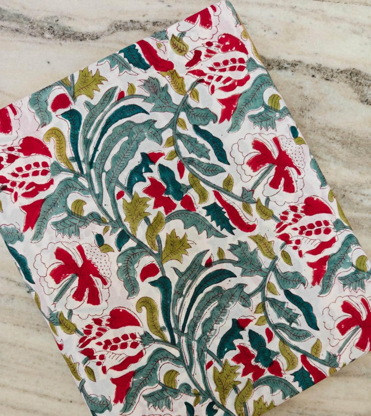 Hand Block Print Cotton Fabric, Red Floral Green Leaf Fabric, Indian Botanical Print Cotton, Soft Lightweight Sewing Fabric Dressmaking