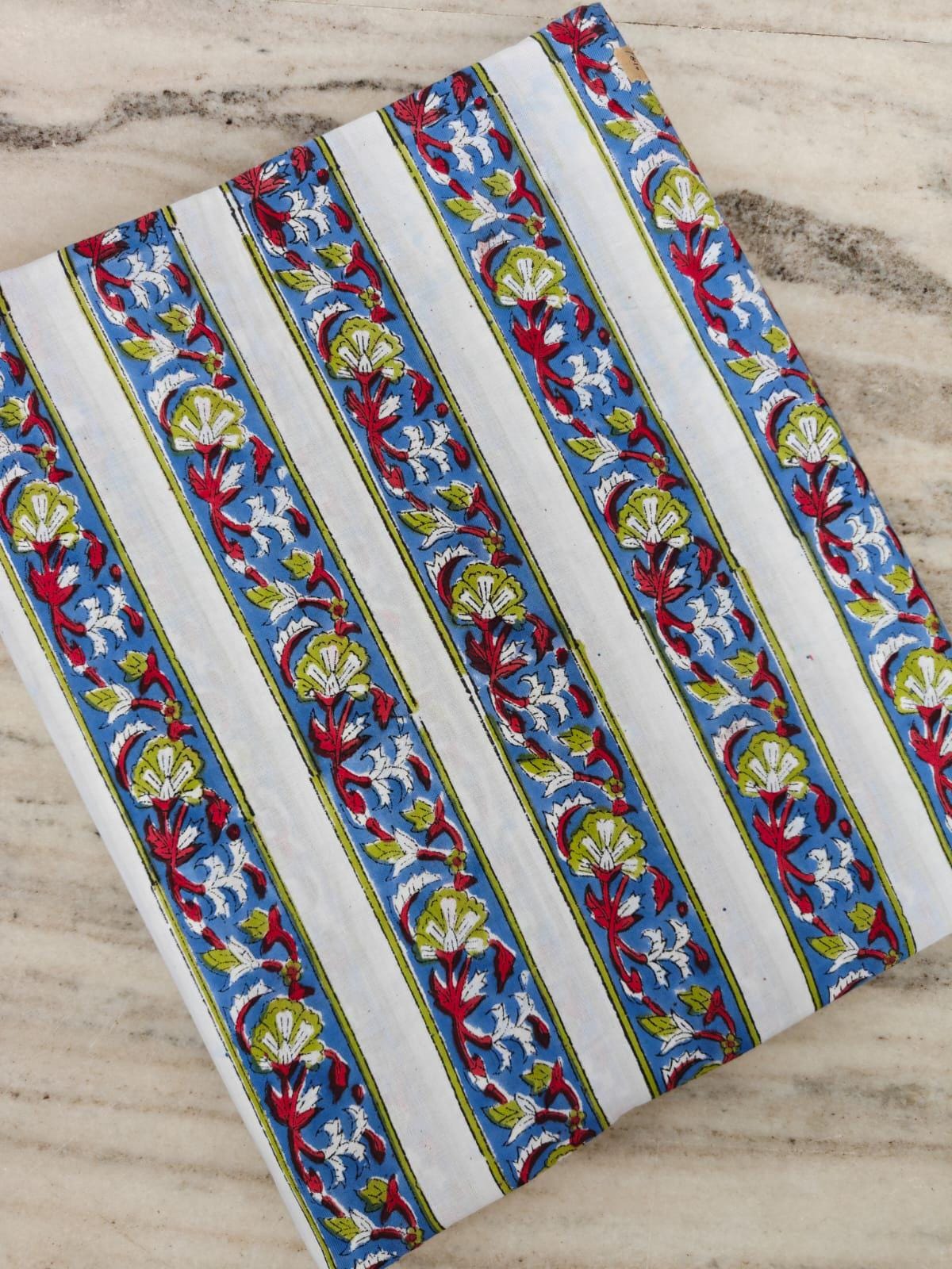 Striped Floral Block Print Cotton Fabric, Blue White Indian Hand Block Print Fabric, Boho Stripe Cotton Cloth, Quilting Sewing Fabric Yard