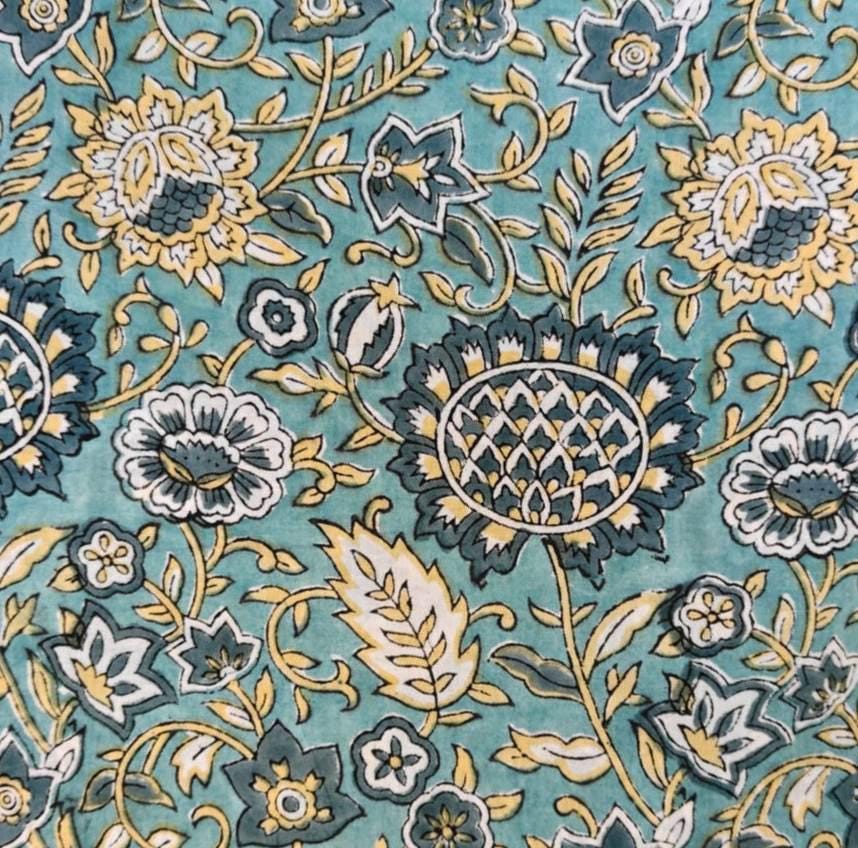 Teal Blue Floral Cotton Fabric, Hand Block Print Indian Cotton, Vintage Botanical Fabric for Quilting,  Dress Making Fabric, Running Fabric