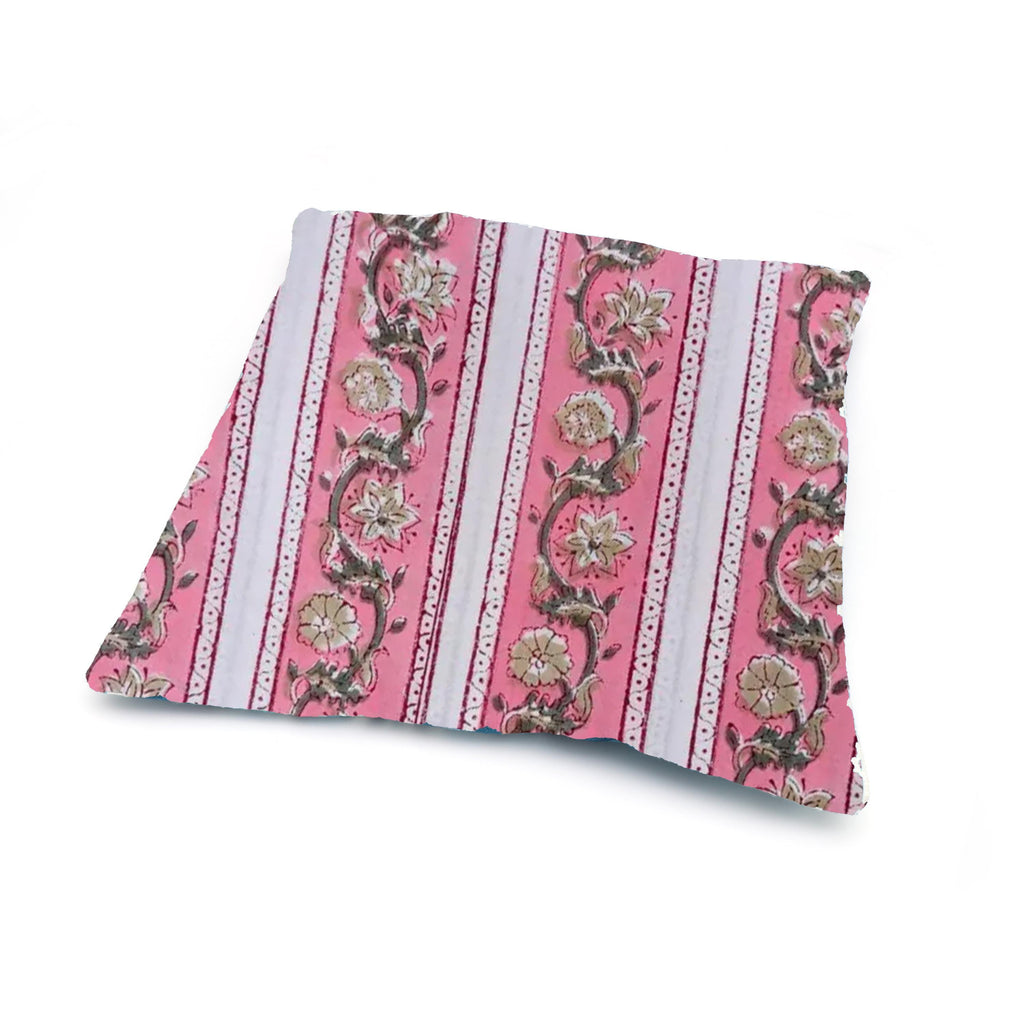 Pink Floral Stripe Cotton Cushion Cover, Hand Block Print Pillow Cover, Boho Decorative Throw Pillow, Handmade Sofa Cushion, Home Decor