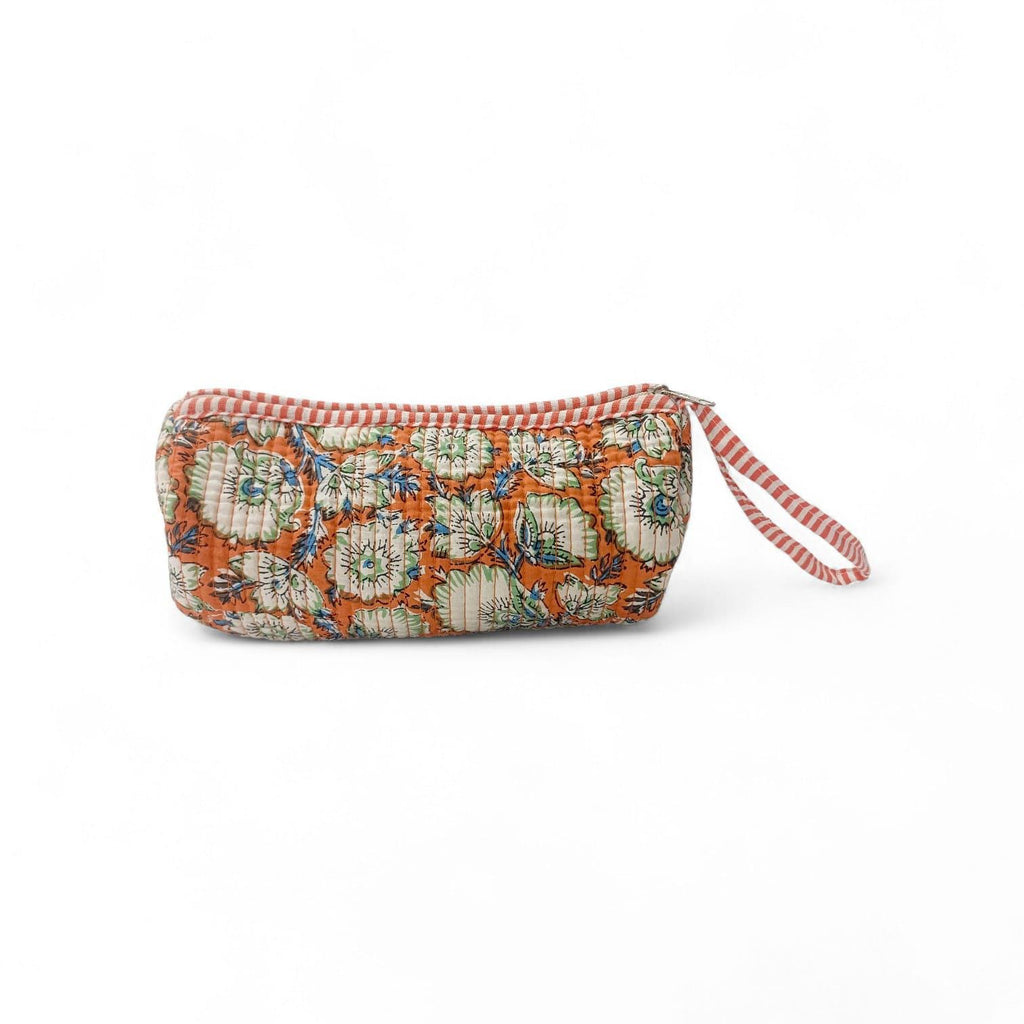 Quilted Floral Makeup Bag, Handmade Cotton Cosmetic Pouch, Orange Block Print Toiletry Bag, Zipper Travel Clutch, Gift for Her