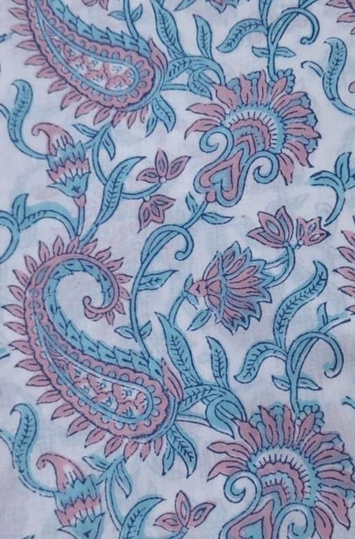 Paisley Floral Cotton Fabric, Hand Block Print Cotton Fabric, Indian Cotton Fabric by Yard, Pink Blue Boho Fabric, Quilting Sewing Fabric