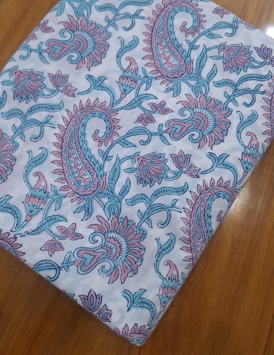 Paisley Floral Cotton Fabric, Hand Block Print Cotton Fabric, Indian Cotton Fabric by Yard, Pink Blue Boho Fabric, Quilting Sewing Fabric