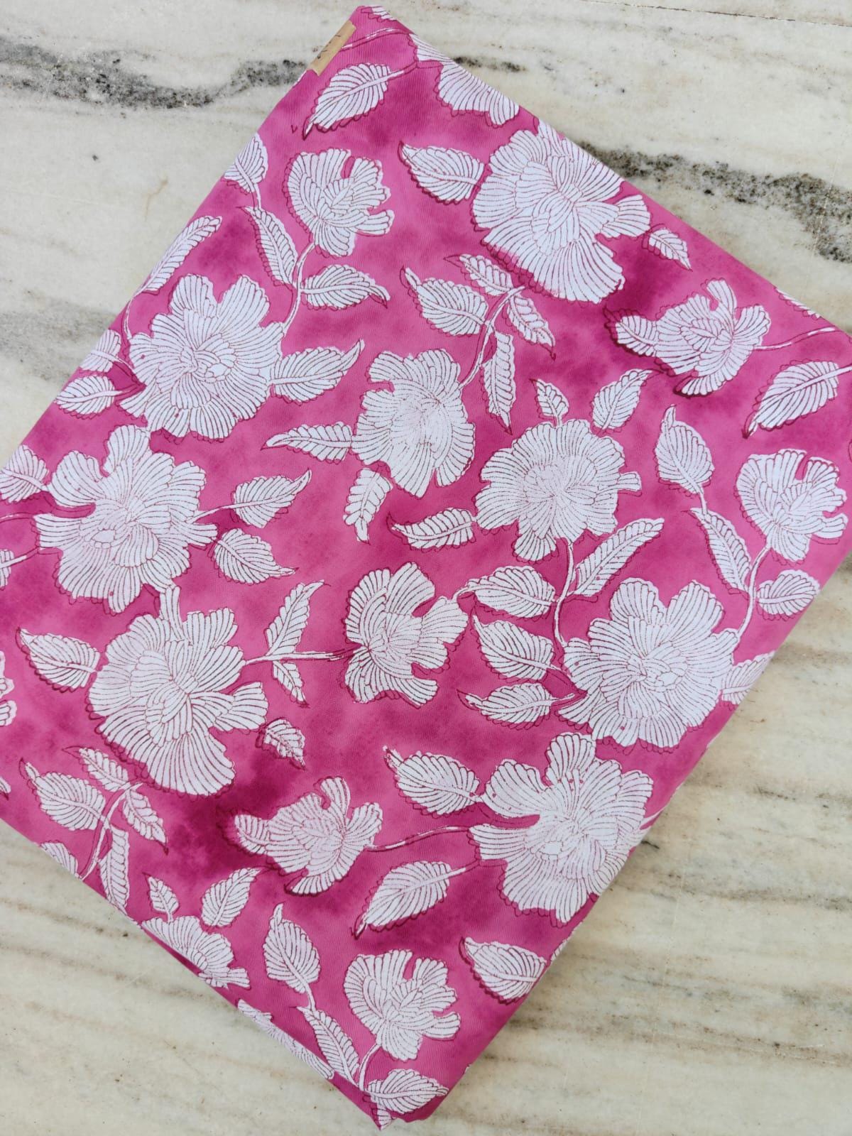 Pink Floral Cotton Fabric, White Flower Print Cotton Fabric by Yard, Indian Block Print Fabric, Dressmaking Fabric, Soft Cotton Textile