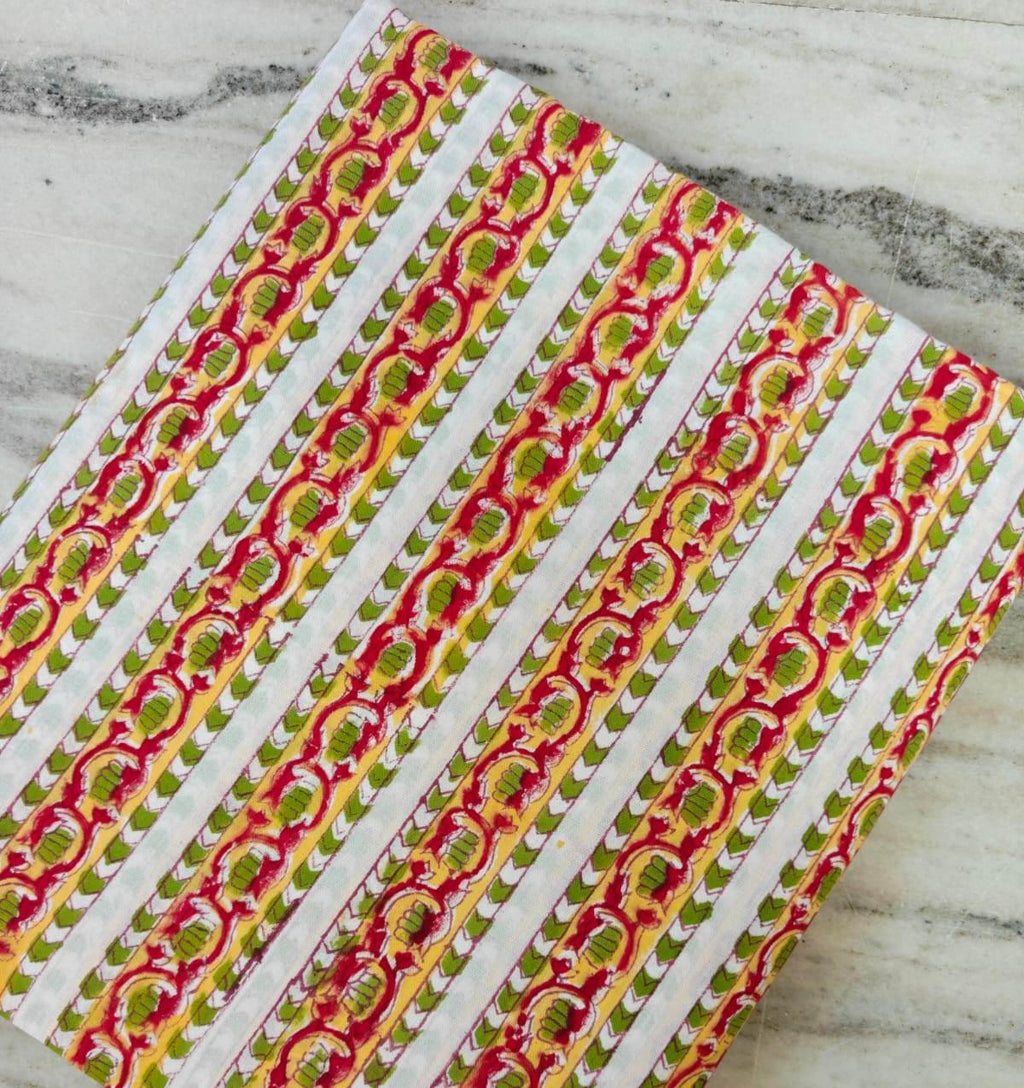 Red Yellow Floral Stripe Cotton Fabric, Indian Hand Block Print Cotton Fabric, Green Boho Stripe Material for Sewing Fabric For Dress Making