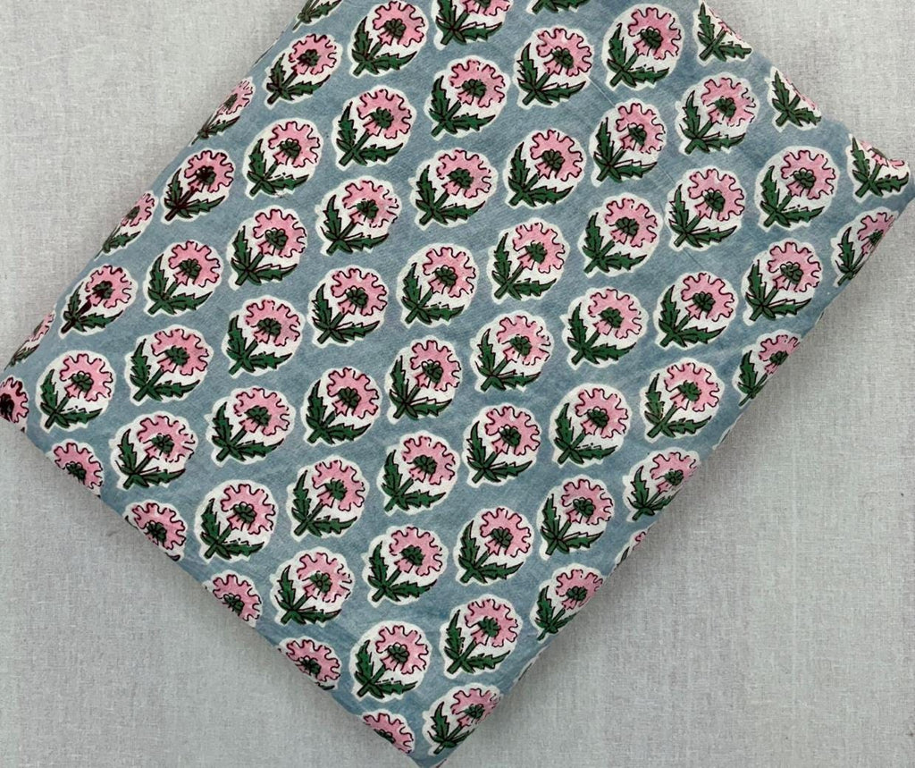 Light Blue Floral Cotton Fabric by Yard, Pink Flower Block Print Fabric, Indian Hand Block Cotton, Boho Dressmaking Quilting & Craft Fabric