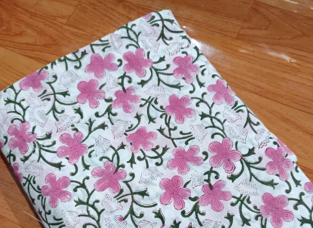 Pink Red Designer Hand Block Print Fabric, Floral 100% Cotton Quilting Fabric By The Yard, Fabric For Dress Making, Loose Running Fabric