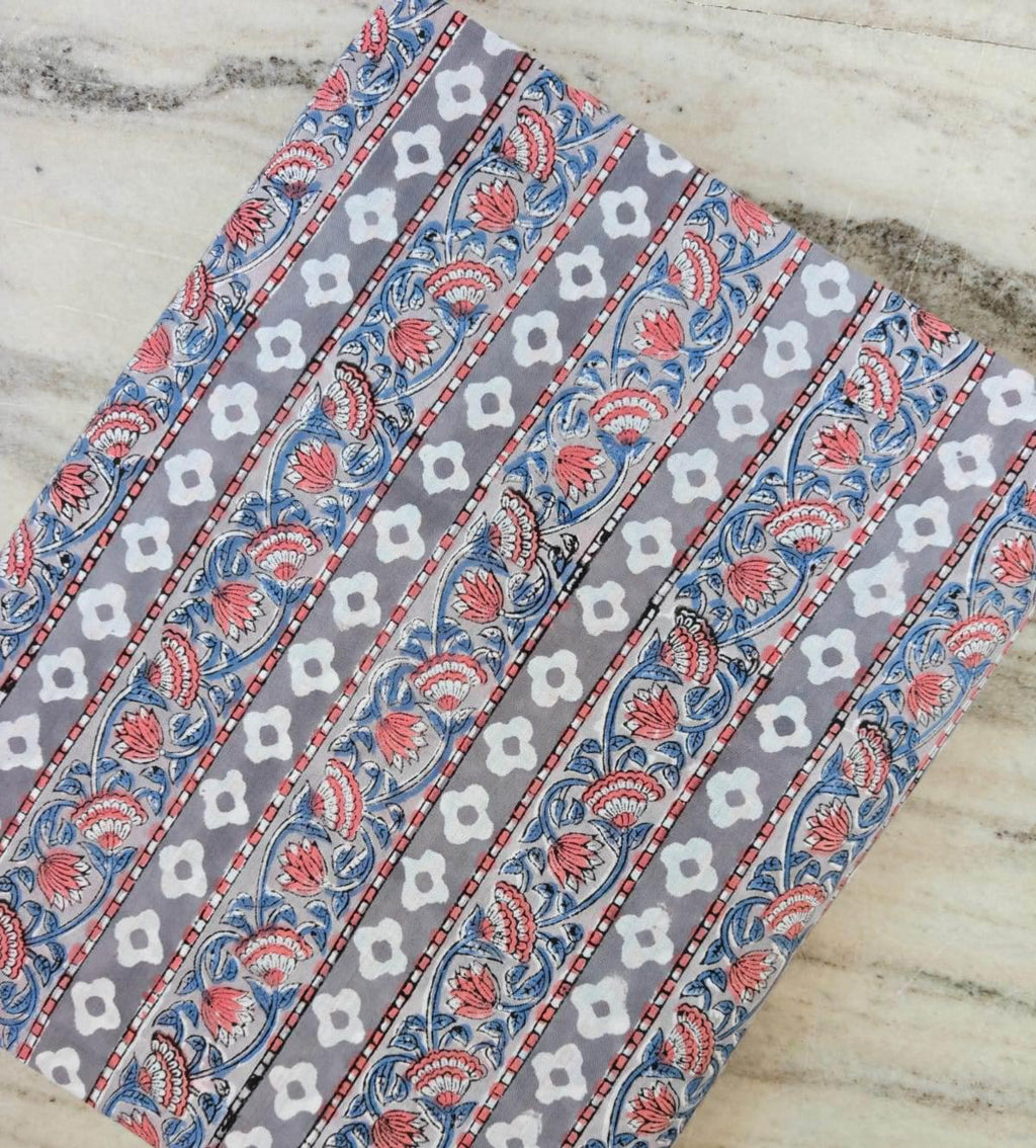 Floral Stripe Cotton Fabric, Grey Block Print Fabric, Indian Hand Printed Cotton, Blue Pink Flower Vine Fabric, Boho Dressmaking Fabric